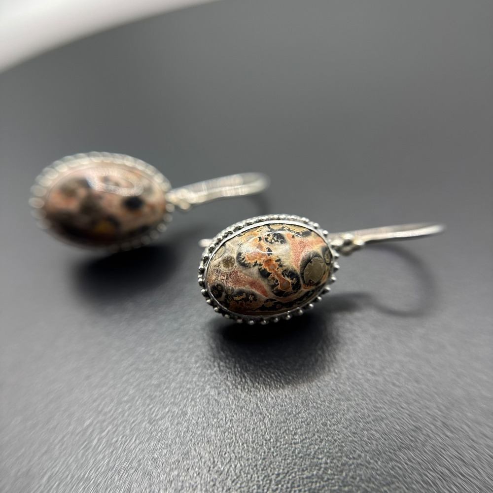 Leopard Jasper Gemstone Oval Drop Earrings Sterling Silver 925 Dangle Vintage